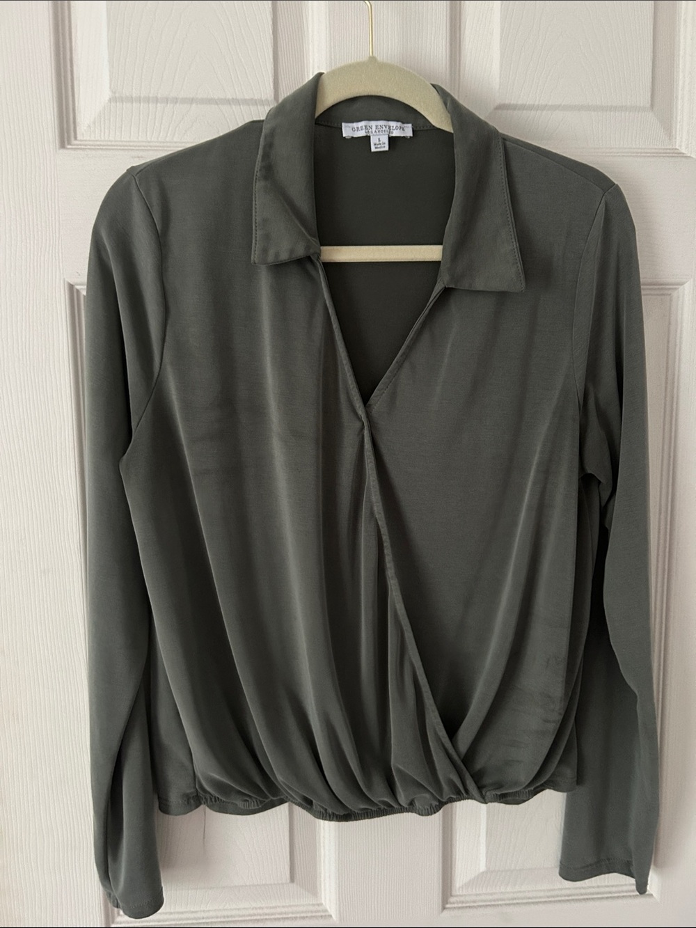 Karen Kane Olive Green Wrap-Front Long Sleeve Blouse